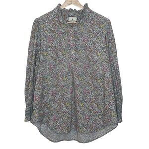 Tuckernuck XL Floral Ruffle Neck Smocked Cuff Blouse Pink Yellow Orange Cotton